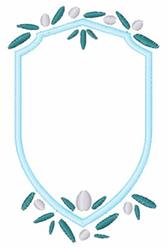 Shield frame decoration featuring a light blue frame adorned with green leaves and white shells, in a modern style.