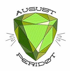 Modern geometric design featuring a shield-shaped green gemstone with vibrant facets and bold text 'AUGUST' and 'PERIDOT'.