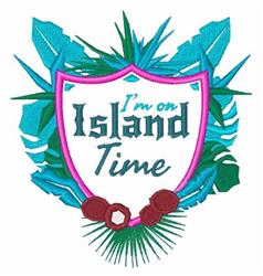 Vibrant shield design with bold 'I'm on Island Time' text and tropical leaves, perfect for summer decor.