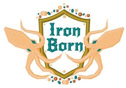 Bold shield with 'Iron Born' in turquoise, flanked by peach octopus tentacles and colorful dots.