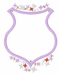 Playful shield shape with lavender outline, decorated with red and silver stars and white crosses.