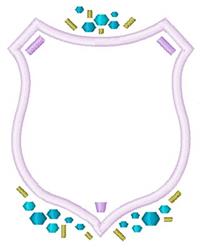 Shield shape frame outlined in soft pink, adorned with aqua and yellow hexagonal accents for a modern, playful look.