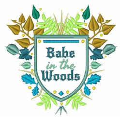 Whimsical shield with 'Babe in the Woods' text, surrounded by colorful leaves and foliage.
