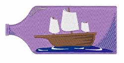 Colorful ship in a bottle with white sails, vibrant purple background, and blue water; whimsical Nautical theme.