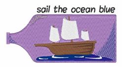 Playful nautical scene featuring a ship in a bottle with purple glass, white sails, and blue waves below. Embroidery design.