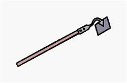 Cartoon shovel with a shiny metal head and long wooden handle, perfect for playful embroidery designs.