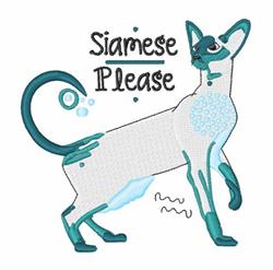 Playful Siamese cat in bold stitching with vibrant teal and white colors, featuring 'Siamese Please' text and bubbles.
