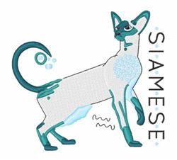 Stylized Siamese cat in playful white and teal colors, displaying unique features and the word 'SIAMESE' beside it.