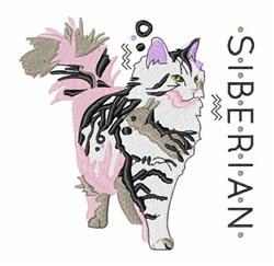 Stylized Siberian cat with striped fur in soft pink and beige, featuring playful abstract elements. Perfect for home decor.