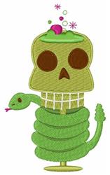 Playful skeleton head with a mischievous grin, swirling green snake, and colorful bubbles for Halloween fun.