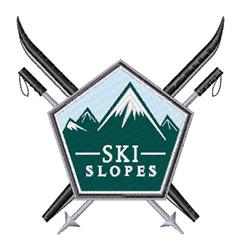 Skiing emblem badge featuring a hexagonal design with snow-capped mountains, ski poles, and 'SKI SLOPES' text. Modern winter