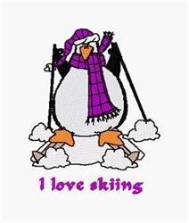 Playful penguin on skis in a purple hat and scarf, surrounded by snow clouds, with 'I love skiing' text.