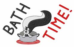 Playful skunk in a pot with whimsical steam, featuring vibrant 'BATH TIME!' text. Humorous embroidery design.