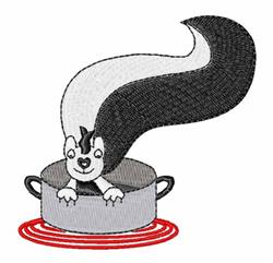 Whimsical skunk chef jumps from a cooking pot with a long tail, vibrant red heat indicator beneath.