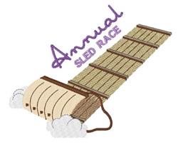 Detailed sled in earthy tones with fluffy clouds, whimsical text 'Annual Sled Race' for a cheerful winter theme.