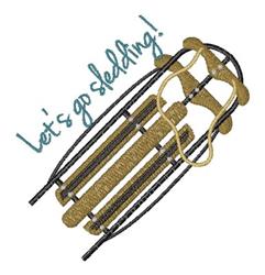 Playful sled design in brown and black, featuring blue 'let's go sledding!' text, perfect for winter themes.