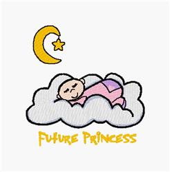 Cartoonish sleeping baby in pink sleepwear, resting on a fluffy cloud, with a crescent moon and star above. Perfect for baby