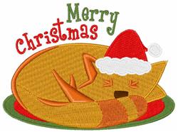 Playful sleeping cat in a Santa hat against a red and green backdrop with 'Merry Christmas' text.