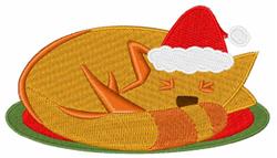 Sleeping cat curled on a green round blanket, wearing a festive Santa hat, cozy Christmas vibe.