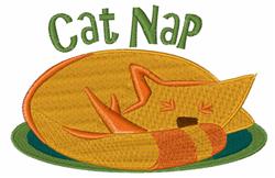 Cute sleeping cat in warm orange, curled on a green mat with 'Cat Nap' text above. Playful and whimsical design.