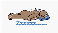 Cartoon gingerbread man resting on a blue pillow with 'Zzzzz' text, whimsical and cozy design.