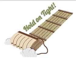 Whimsical wooden sleigh in motion, surrounded by soft clouds and playful 'Hold on Tight!' text, perfect for winter.
