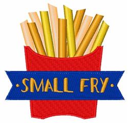Playful design featuring french fries in a red container, topped with a blue ribbon that reads 'SMALL FRY'.