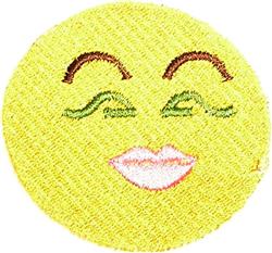 Playful smiley face in yellow with closed eyes, simple pink lips, perfect for cheerful embroidery.