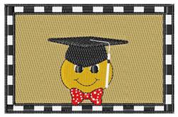 Cheerful smiley face with graduation cap and red polka dot bow tie, framed by black and white checked border, ideal for gradu