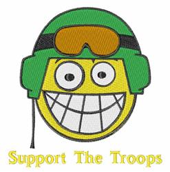 Cartoonish smiley face with a green helmet and goggles, featuring 'Support The Troops' in yellow below.
