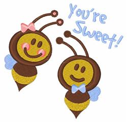 Playful smiling bees with a pink bow and blue bowtie, featuring bright colors and the phrase 'You're Sweet!' for spring.