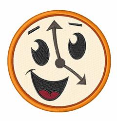Playful smiling clock face with large eyes and a cheerful grin, adorned with arrows and a vibrant orange border.