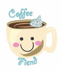 Playful smiling coffee cup with rosy cheeks, whipped cream topping, and 'Coffee Fiend' text. Perfect for kitchen decor.