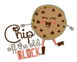 Cheerful cookie with a smiling face, cartoon legs in boots, and colorful text saying 'Chip off the old BLOCK'.