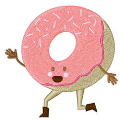 Playful cartoon donut with pink frosting, smiling face, and sprinkles, running with cheerful arms and legs.