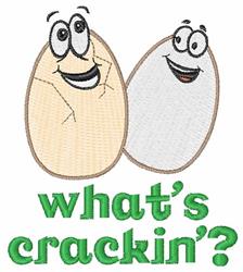 Two smiling cartoon eggs, one brown and one white, with expressive faces, feature a bright green backdrop and 'what's crackin