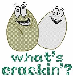 Two cartoonish smiling eggs, one cracked, with vibrant 'what's crackin'?' text below, perfect for Easter fun.