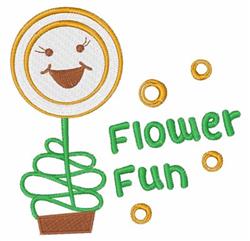 Playful smiling flower with a round face atop a spiraled green stem, set in a brown pot, accented by golden circles.