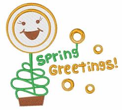 Whimsical smiling flower design with a circular face atop a green spiral stem, featuring 'Spring Greetings!' text.