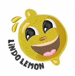 Playful smiling cartoon lemon with large eyes, cheerful mouth, and curving 'LINDO LEMON' text.