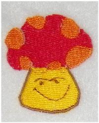 Playful smiling mushroom with a red cap, orange spots, and cheerful yellow base, perfect for children's themes.