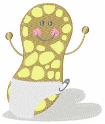 Playful peanut character in a diaper, light brown with yellow spots, smiling joyfully with raised arms.