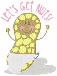 Cheerful cartoon peanut character in a diaper with pink text saying 'Let's Get Nuts!' in playful colors.