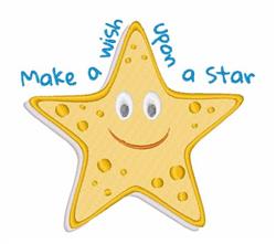Cheerful yellow star with a smiling face and playful bubbles, with text 'Make a wish upon a star' in blue.