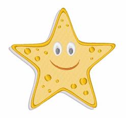 Cheerful smiling star shape in yellow with large white eyes and a curved smile, showcasing playful embroidery.