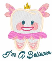 Applique smiling tooth in a pink ballet tutu and golden crown, perfect for cheerful birthday celebrations.