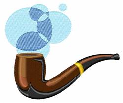 Cartoonish smoking pipe with a shiny brown finish and yellow band, surrounded by playful light blue smoke bubbles.