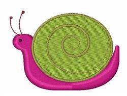 Playful snail with a pink body, green spiral shell, and two antennae, perfect for children's crafts.