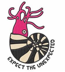 Whimsical snail with a pink squid-like head and spiral shell, featuring 'EXPECT THE UNEXPECTED' text below.