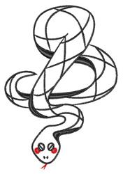 Cartoon snake with black outline, large round eyes, and red cheeks, coiled in a playful design.